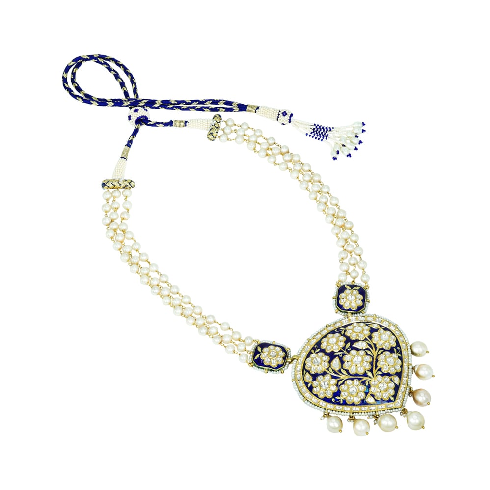 Pearl Strand Necklace with Blue Meena Polki Floral Pendant